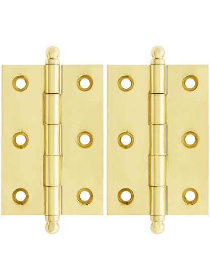 Premium Solid Brass Ball-Tip Cabinet Hinges Pair - 2 1/2 inch by 1 3/4 inch in Unlacquered Brass.